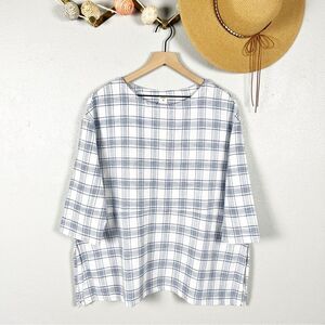 NWT Lintico Linen Plaid Boat Neck Oversize Pullover Blouse White/Blue Size Small